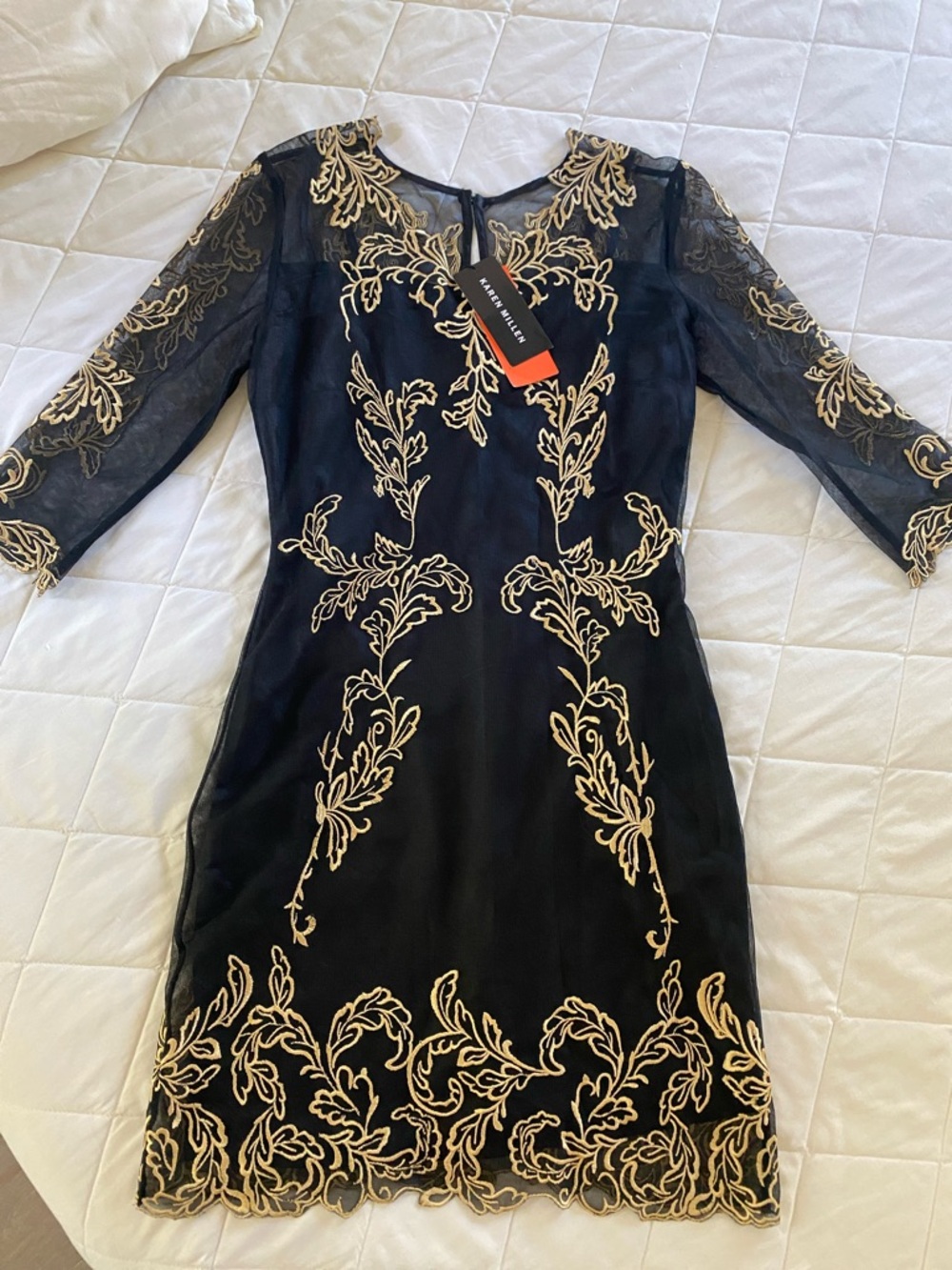 Karen Millen Black Midi Dress with Gold Embroidery